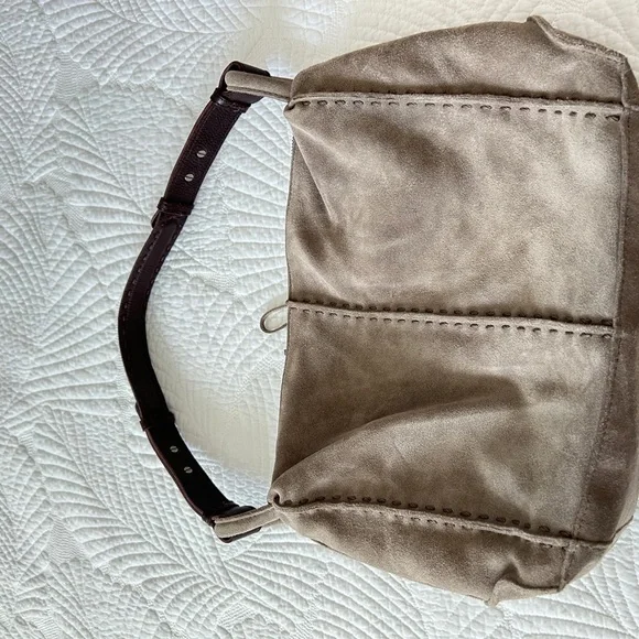 Taupe Suede Sak Shoulder Bag with Brown Leather Strap - Picture 3 of 12